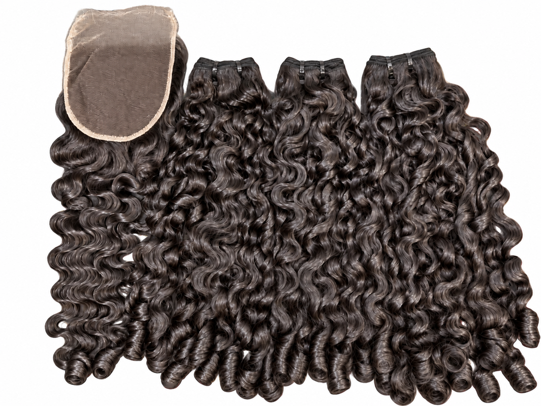 Caribbean Curly lace closure shown beside three matching curly bundles