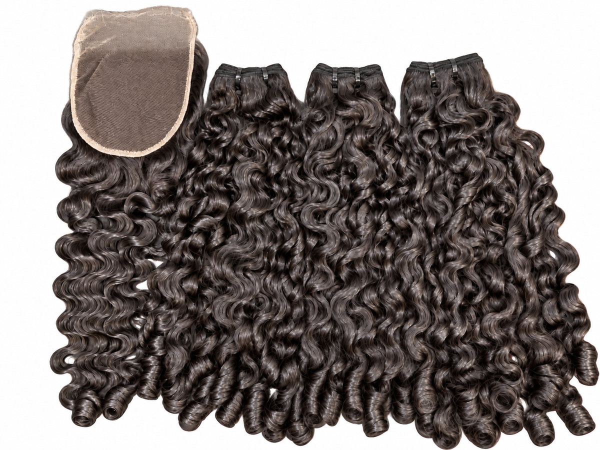 Caribbean Curly lace closure shown beside three matching curly bundles
