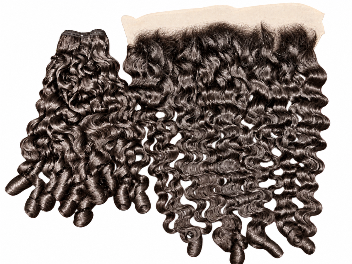Caribbean Curly lace frontal shown beside a matching curly bundle